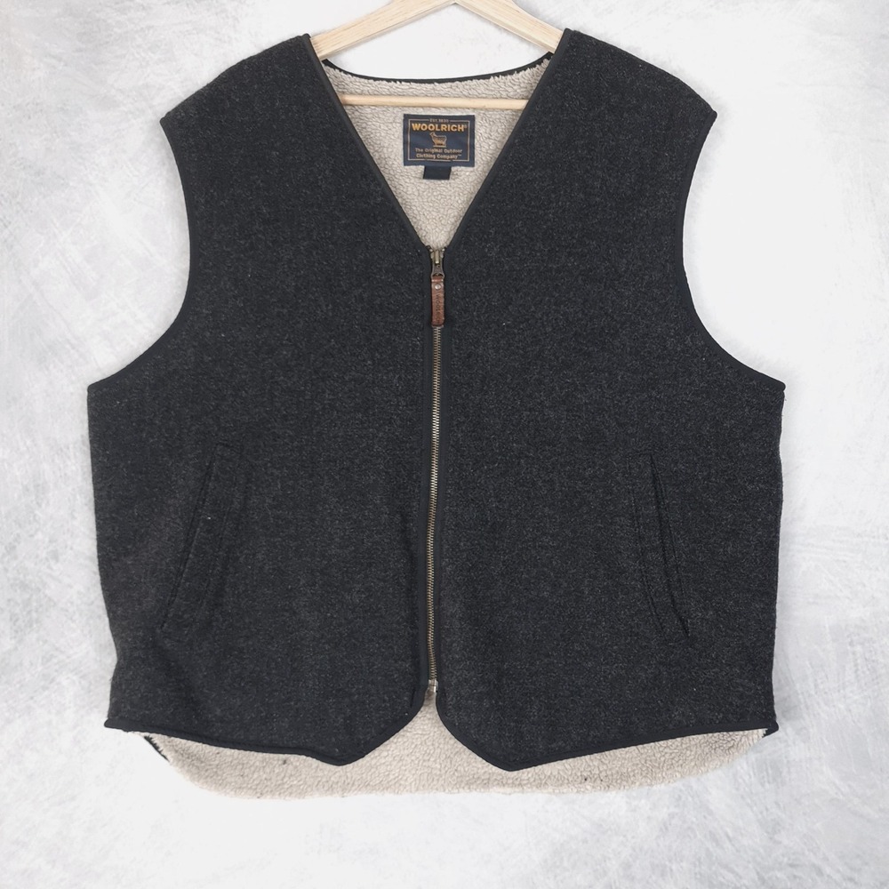 Woolrich Vest Mens Medium Gray Wool Sherpa Fleece Lined Full Zip Hiking